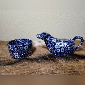 Rare Vintage Calico Burleigh Staffordshire England Cobalt Cow Cream & Sugar Bowl